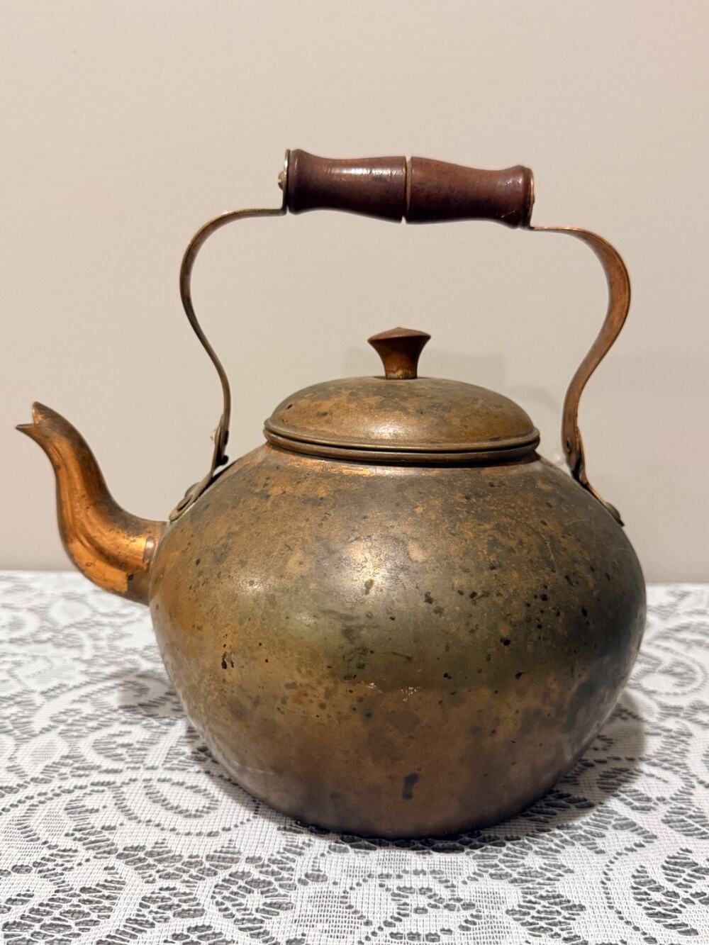 Vintage Old Dutch Solid Copper Tea Kettle Portugal Wood Handle Farmhouse Decor